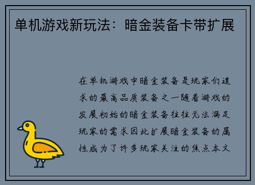 单机游戏新玩法：暗金装备卡带扩展